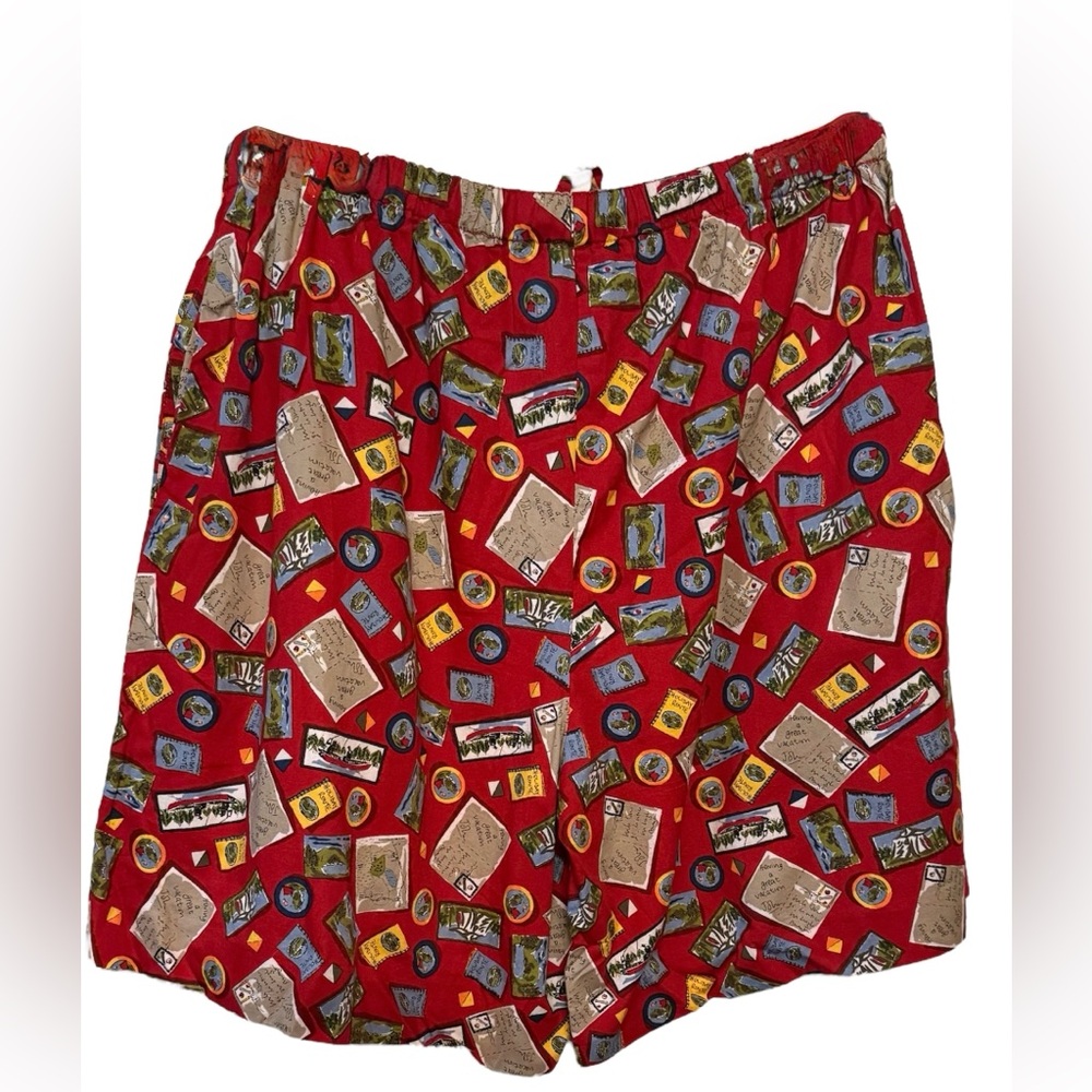 Vintage 80s Postcard Print Shorts Red Cotton High Rise Travel Novelty M - Picture 3 of 7